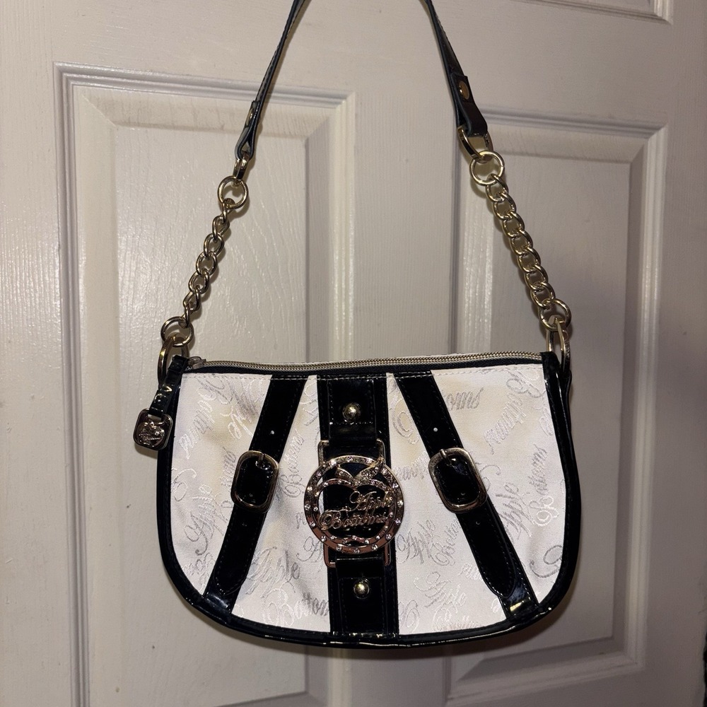 Apple Bottoms Y2K Shoulder Bag White Black Patent Gold Chain Rhinestone Purse